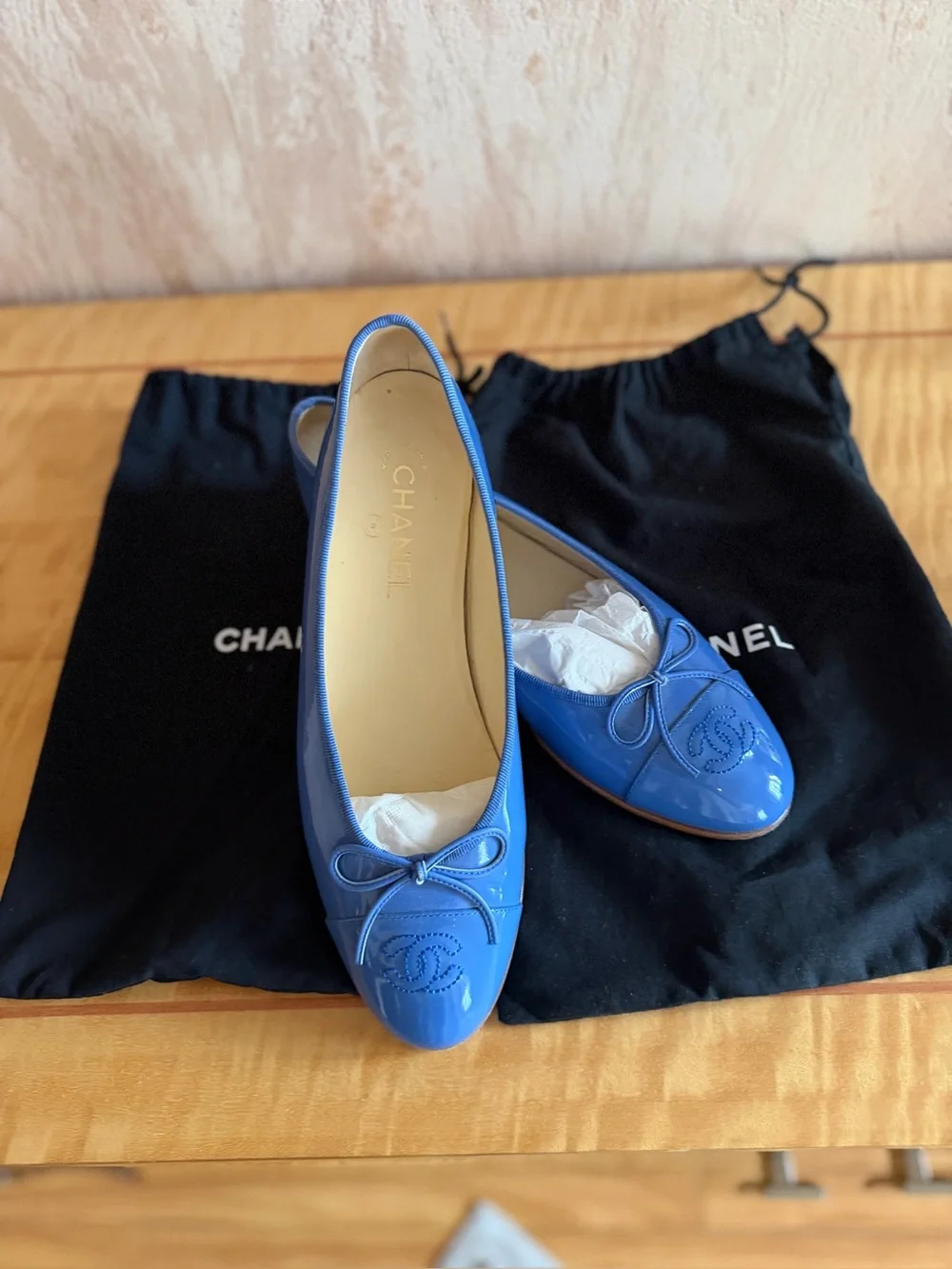 CHANEL Bright Blue Patent Leather Ballet Flats with Bow